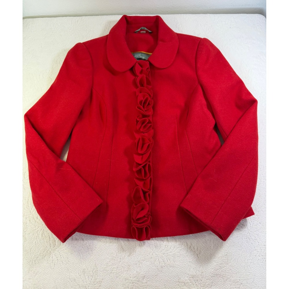 Boden Red Wool Blend Ruffle Front Peter Pan Collar Jacket WE265 Size 8